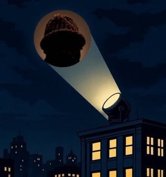 A searchlight projecting him onto the night sky above a city